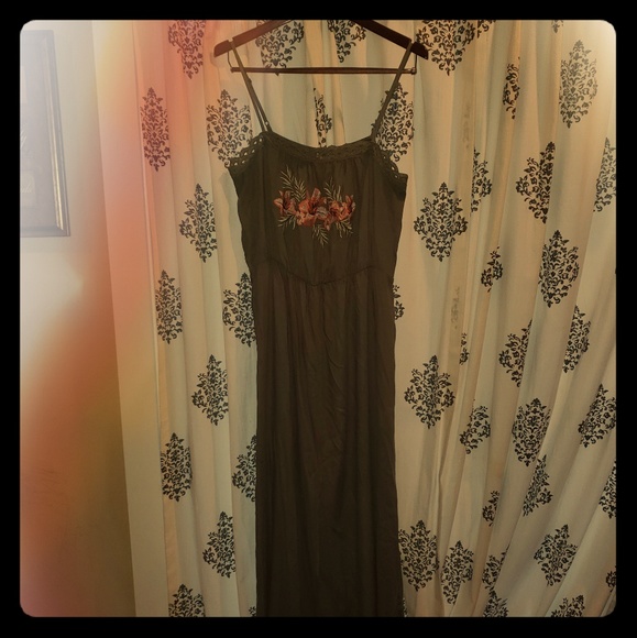 Xhilaration Dresses & Skirts - Maxi Dress Khaki green hibiscus embroidered BNWOT